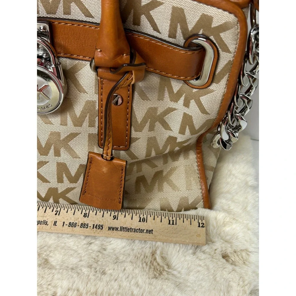 Michael Kors Hamilton Satchel Monogram Canvas Tan Leather Crossbody Bag Dust Bag